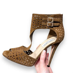 Jimmy Choo Tahi T Laser Cut Out Peep Toe Brown Suede Cutout Heeled Sandals 11